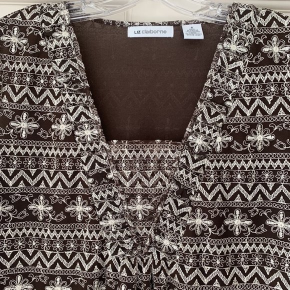 2/$25 Liz Claiborne Brown/Ivory Sheer Embroidered top - Size Small - Picture 2 of 7